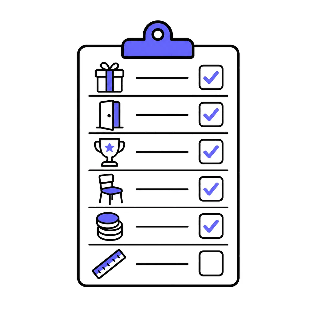 A checklist of six pictogram rows — five ticked, the sixth still empty.