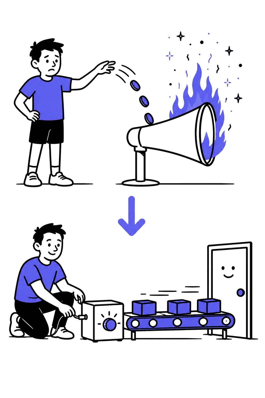 Top: a young trainer tosses coins into a megaphone-shaped fire. Bottom: the same trainer, older, plugs a neat amplifier into an already-running conveyor to a friendly door.