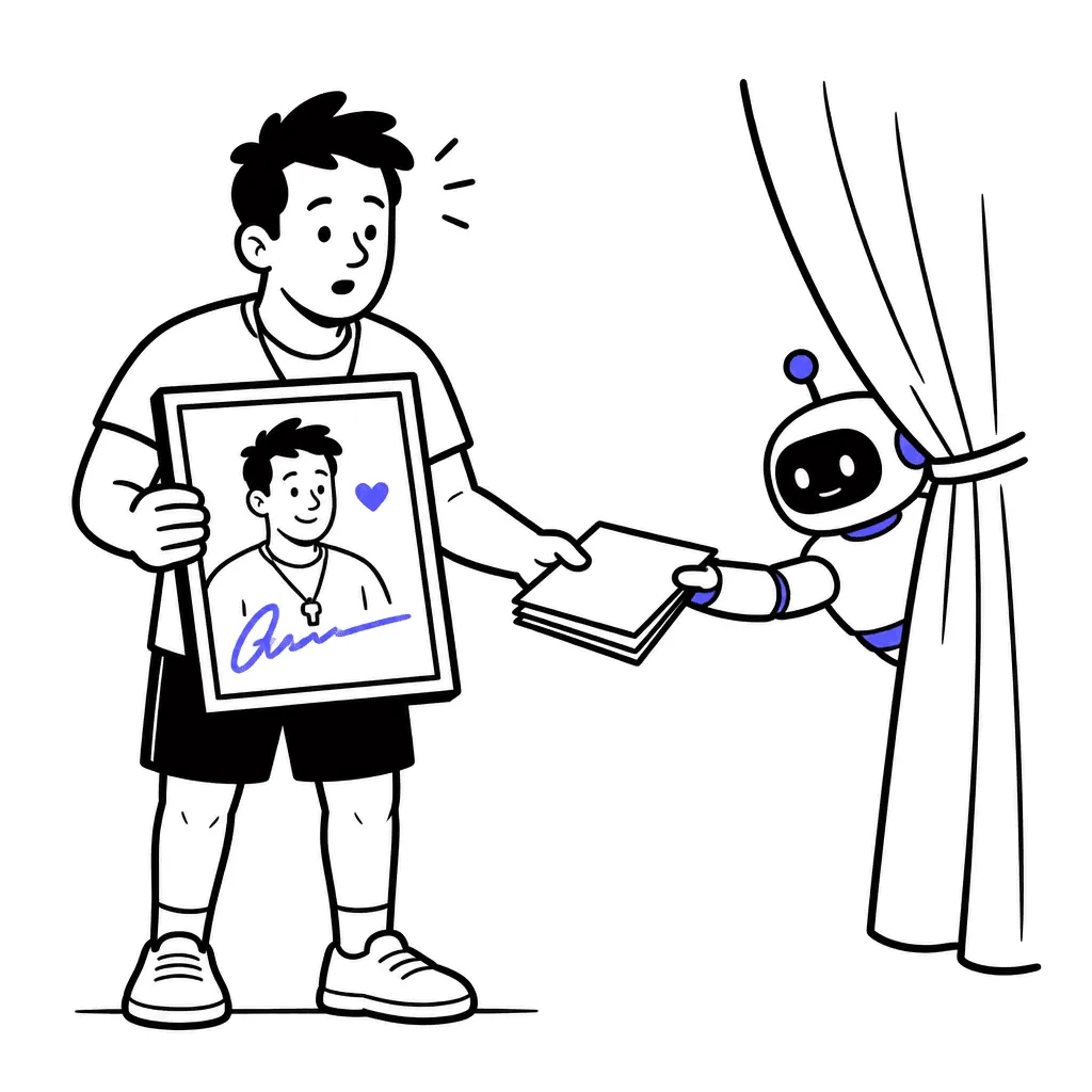 A portrait frame of the trainer with a heart; backstage a small robot hands him papers.