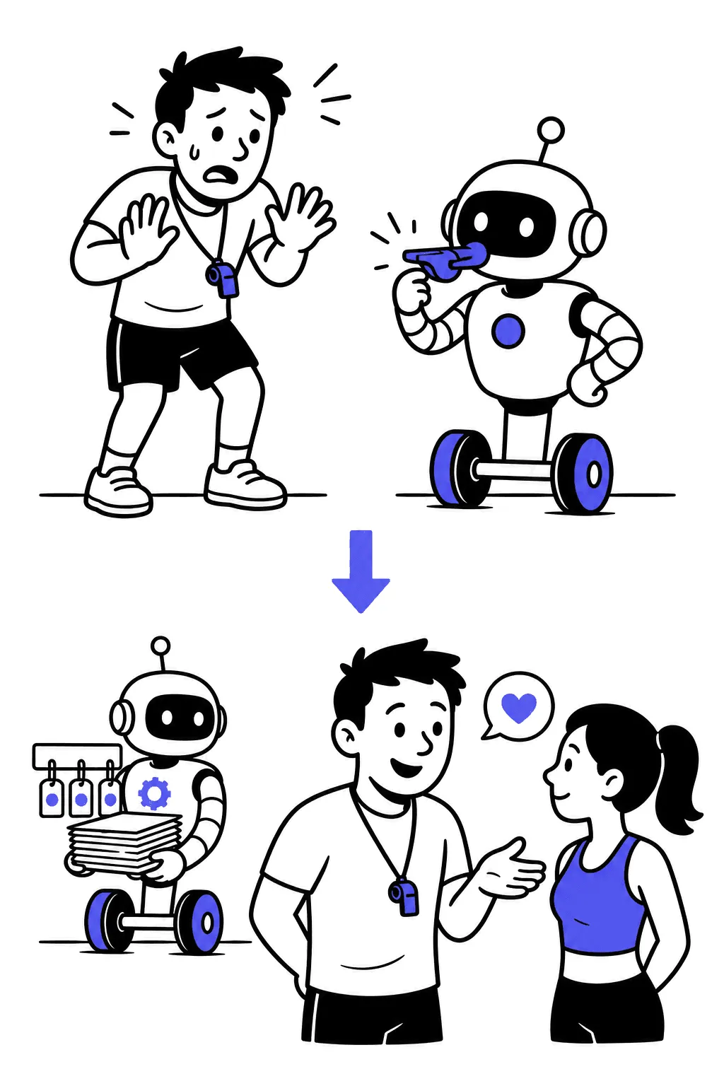 Top: a panicked trainer watches a robot blowing his whistle. Bottom: the robot carries papers in the background while the trainer talks warmly with a client.