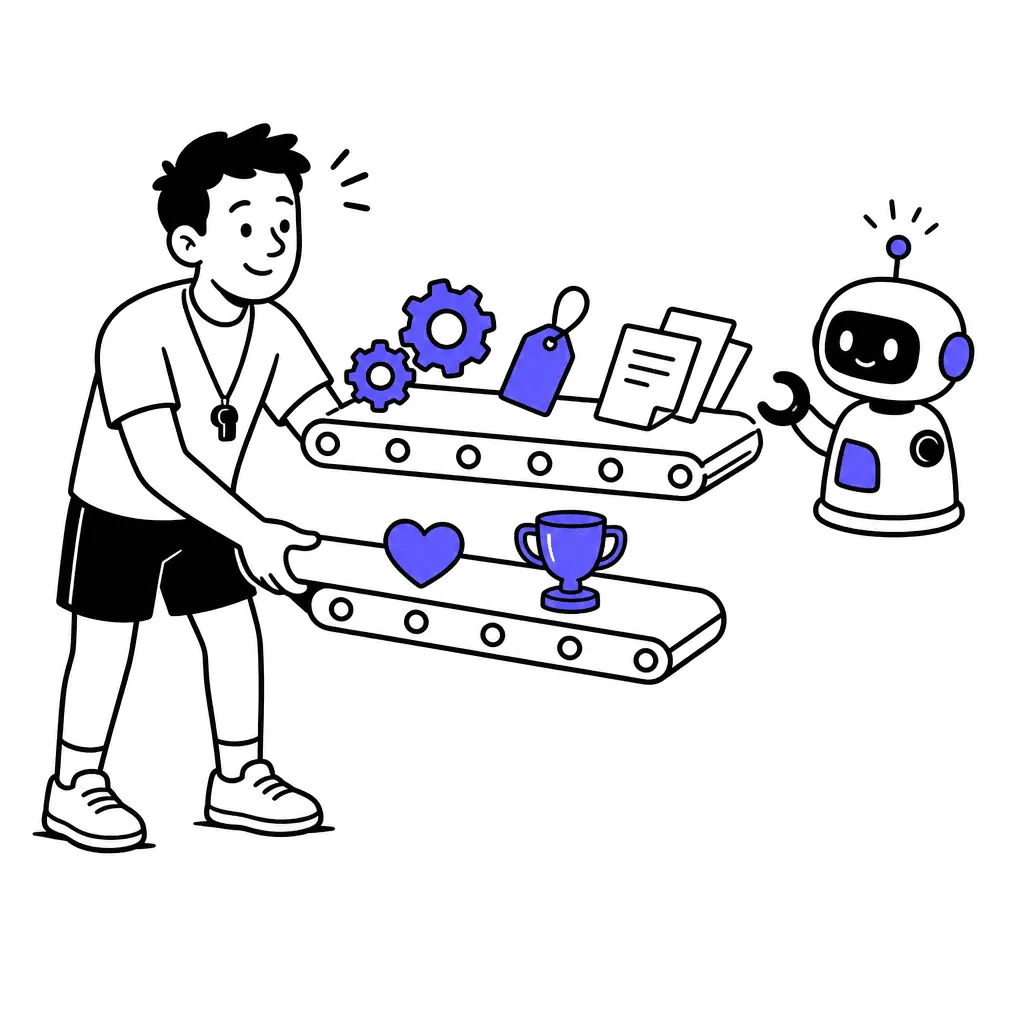 A conveyor split into two lanes: gears, tags and drafts roll toward a friendly robot; a heart and a trophy stay in the trainer's hands.