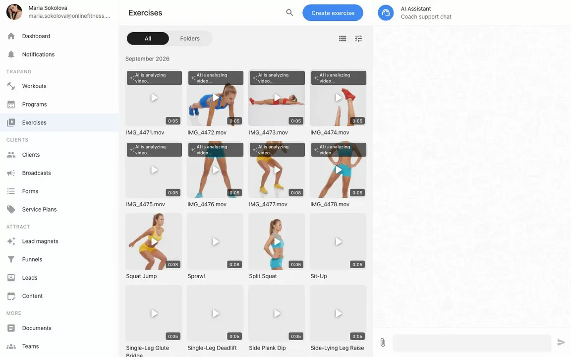 The exercise library: clips named IMG_4471.mov with an AI-processing badge turn into named exercises one by one