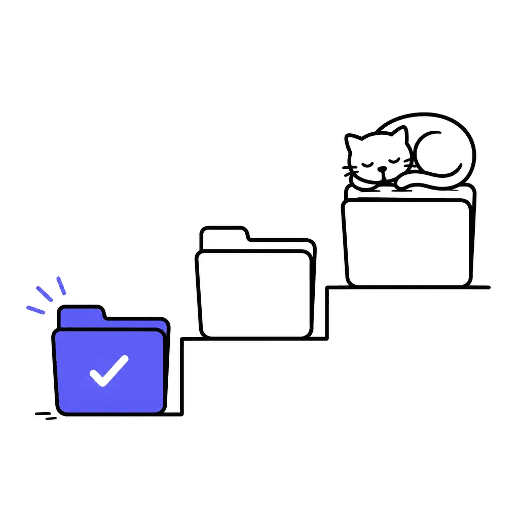 Three folders as ascending steps, the first highlighted with a checkmark, a cat asleep on the third.
