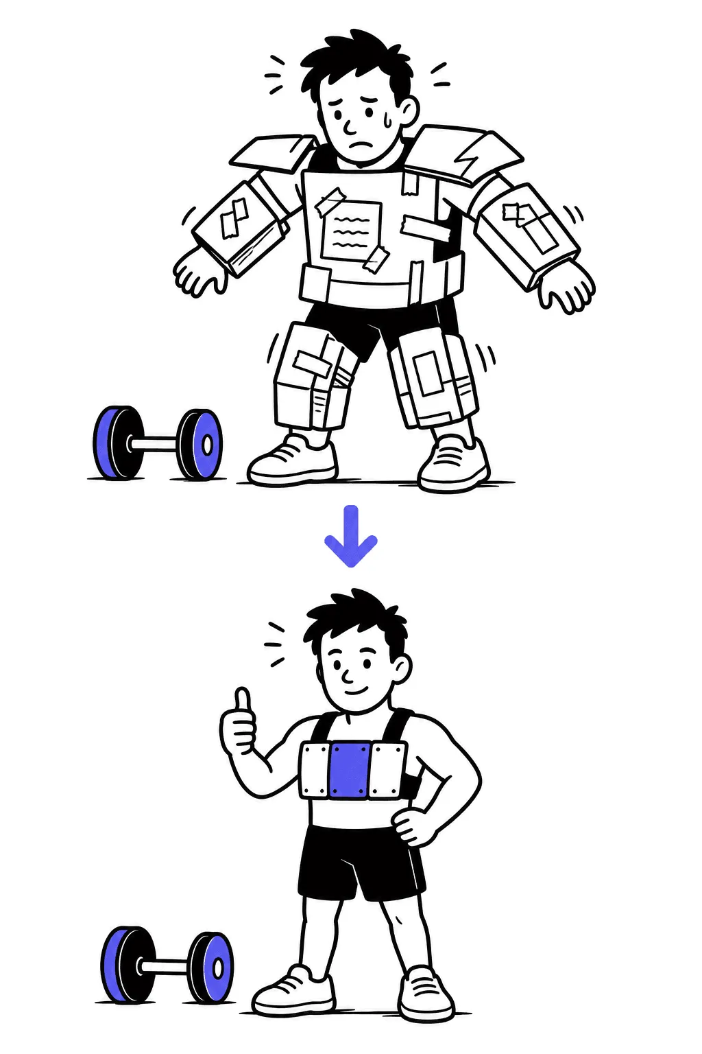 Top: a nervous trainer in bulky homemade cardboard armor covered with papers. Bottom: the same trainer relaxed in one light chest plate made of three small pieces.