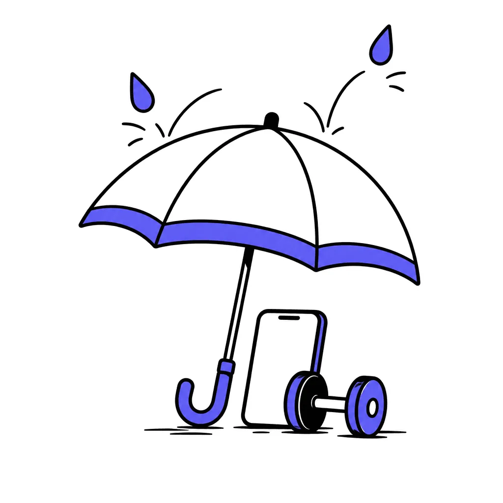 An umbrella with an indigo rim held over a phone and a small dumbbell as raindrops bounce off.