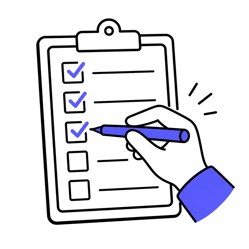 A clipboard checklist where a hand ticks rows with bold indigo checkmarks.