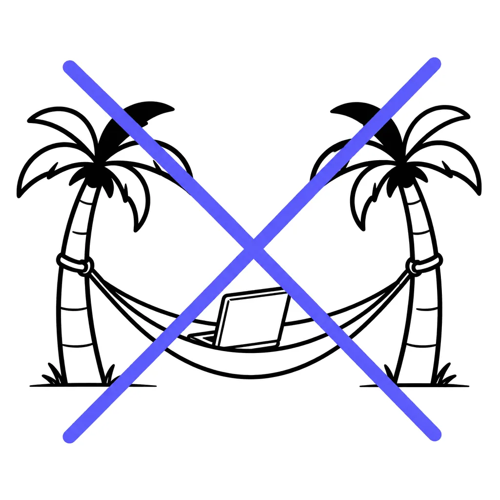 A hammock with a laptop between two palm trees, crossed out with a bold indigo X.