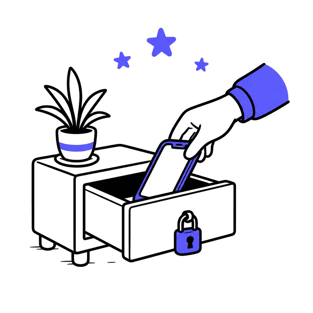 A hand places a phone into a small drawer with a tiny indigo padlock under calm stars.