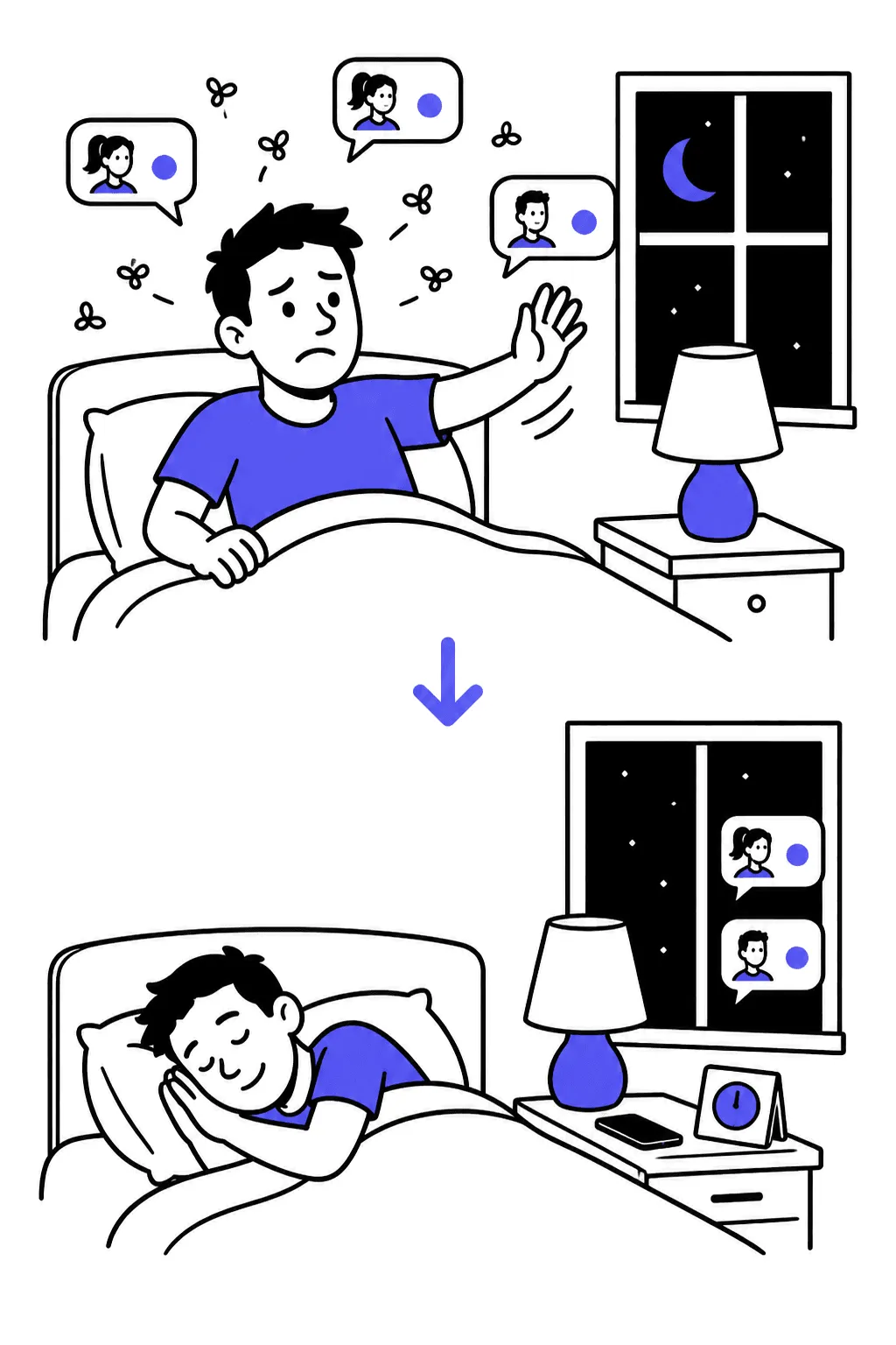 Top: a vending-machine-shaped trainer at 3am with request bubbles flying. Bottom: the same trainer asleep, phone face-down beside a small clock sign.