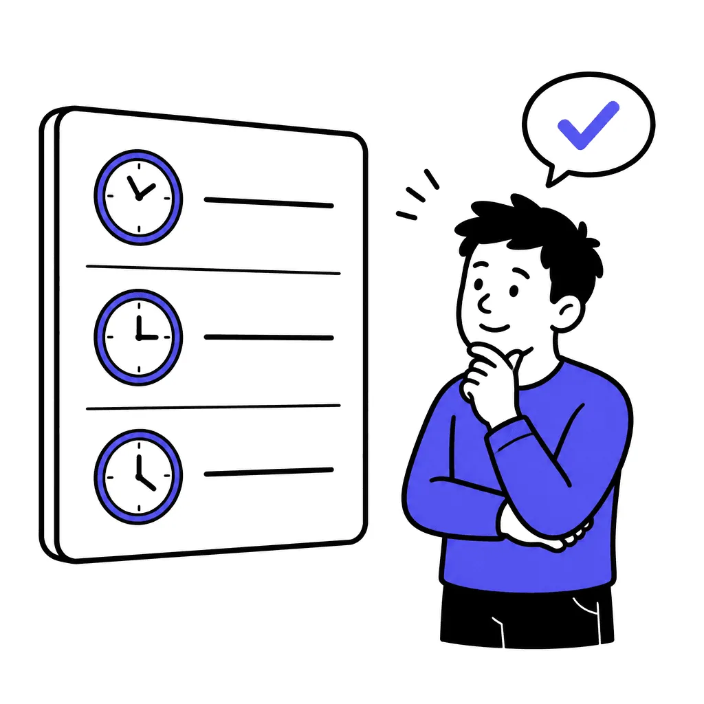 A product-spec plaque with clock pictogram rows; a calm client reads it and nods.
