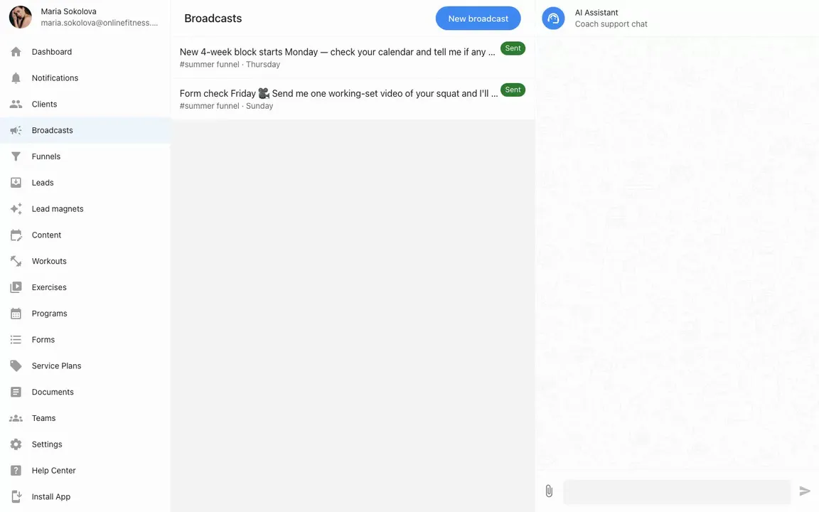 Broadcasts in the coach cabinet: composing a message to a tagged segment of 14 clients and sending it
