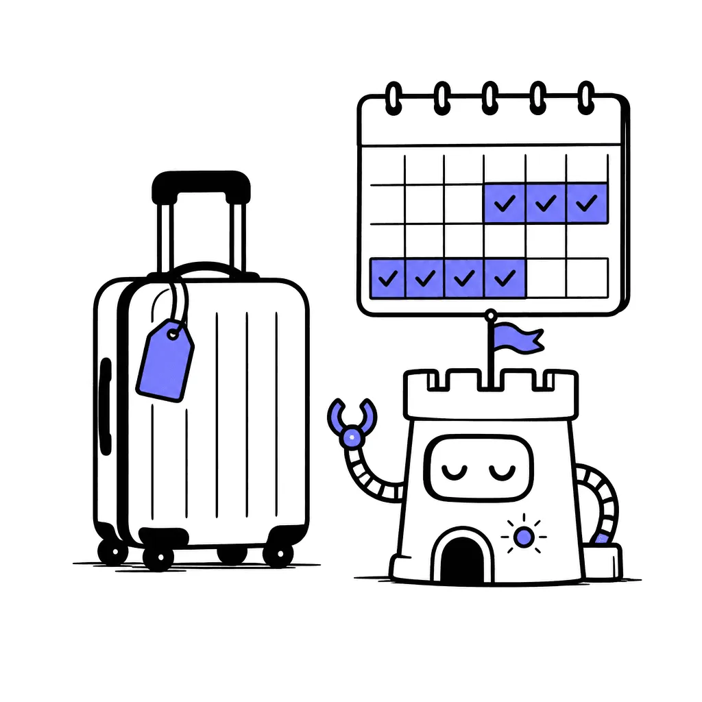 A suitcase with an indigo luggage tag beside a small friendly fortress-machine calmly blinking, and a calendar with two marked weeks.