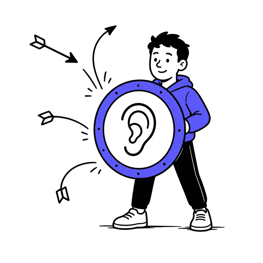 A round shield with an ear emblem; small objection arrows bounce off and curve around it.