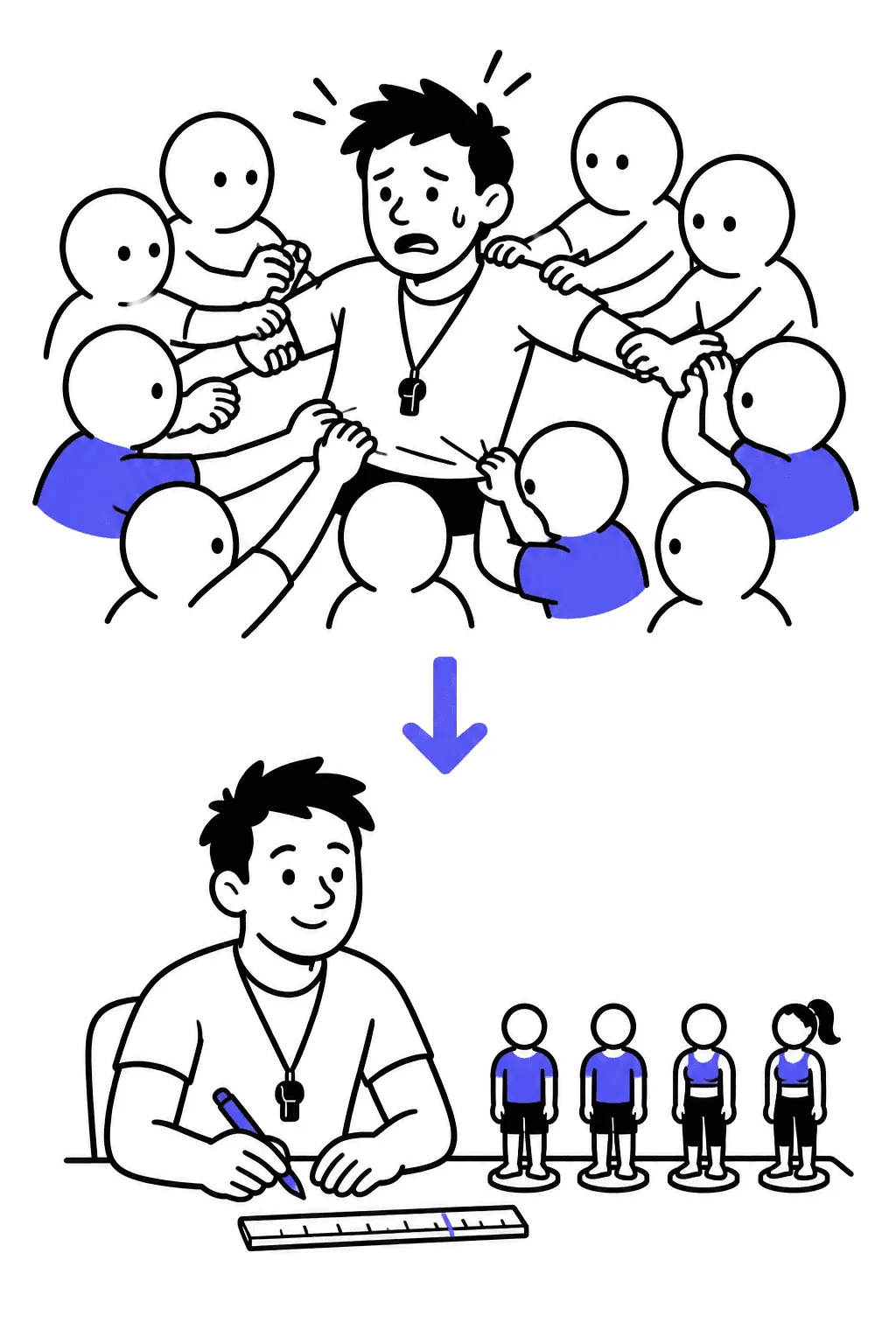 Top: a trainer drowning in a crowd of identical client silhouettes. Bottom: the same trainer at a desk with a neat short row of client figurines and a ruler — he measured, he's calm.