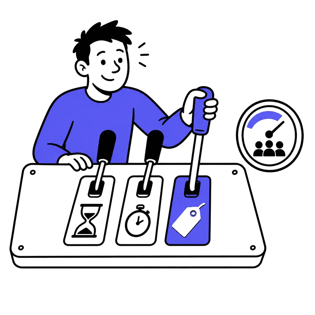 A control panel with three levers — hourglass, stopwatch, price tag — with the price lever pushed up in indigo while the client counter stays put.