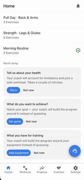 The client home screen with today's workout, and the workouts calendar with scheduled sessions