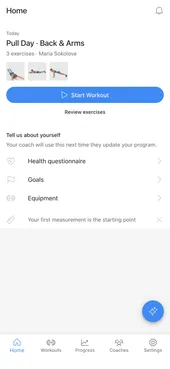 Client app: the home screen with today’s workout card