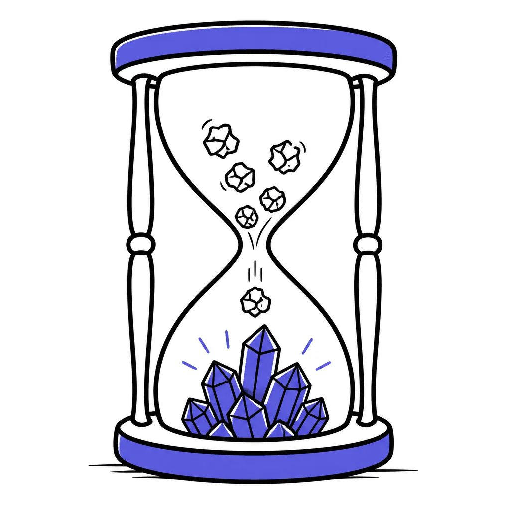 An hourglass turning falling crumpled notes into neat indigo crystals.