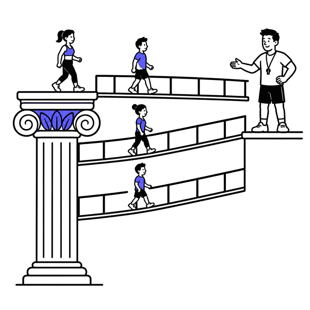 One sturdy column supporting small bridges that tiny people cross toward a trainer.