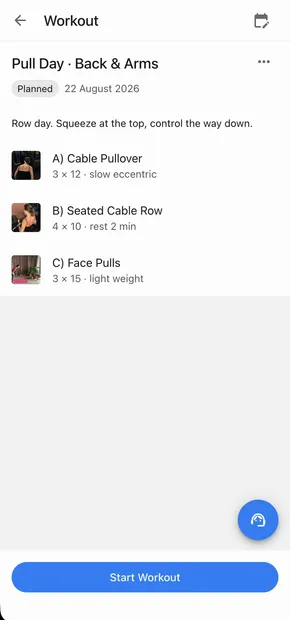 A workout as fullscreen cards: technique video, set logging with steppers and a rating, done and next