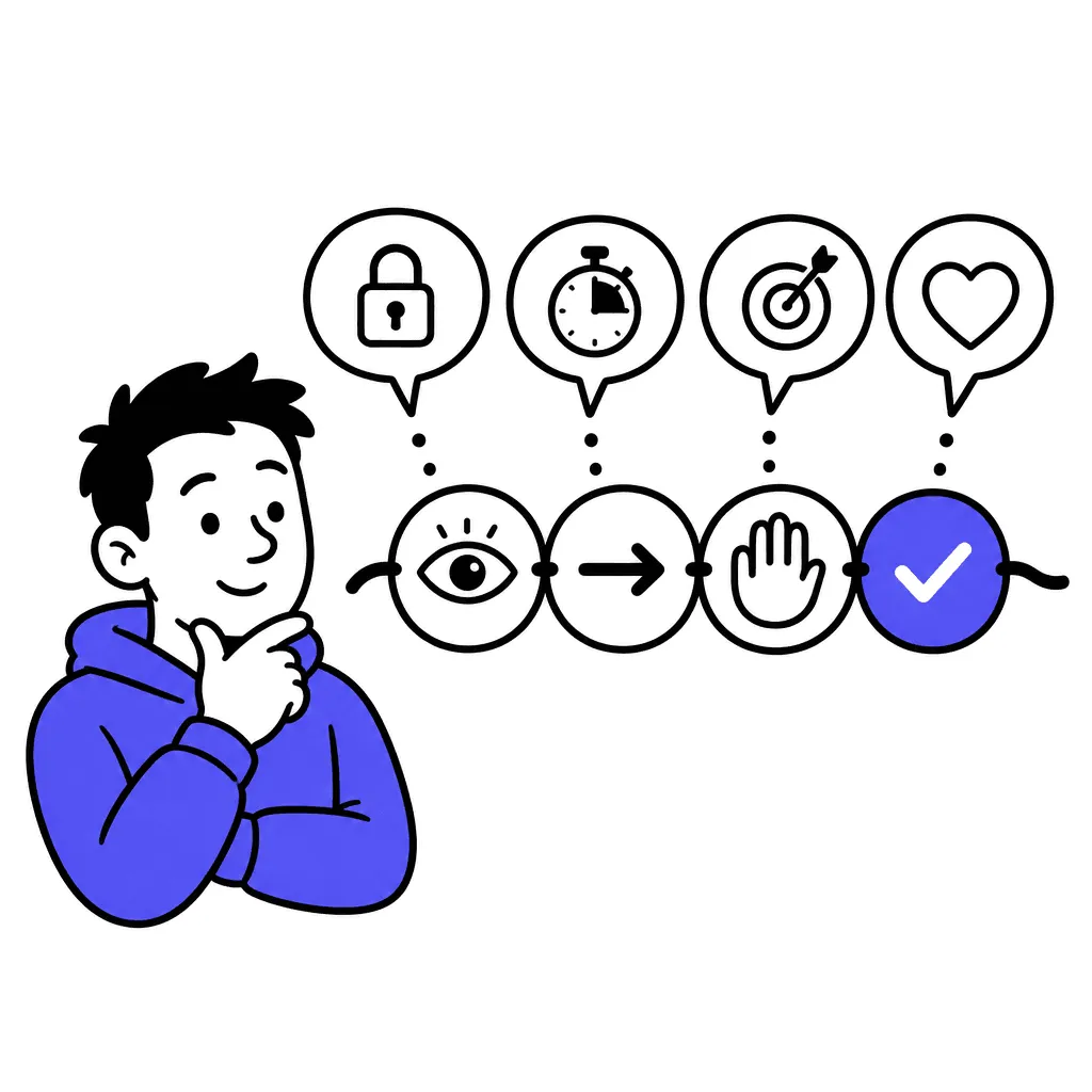 A conversation skeleton as four beads on a string: an eye, an arrow, an open palm, and an indigo checkmark.