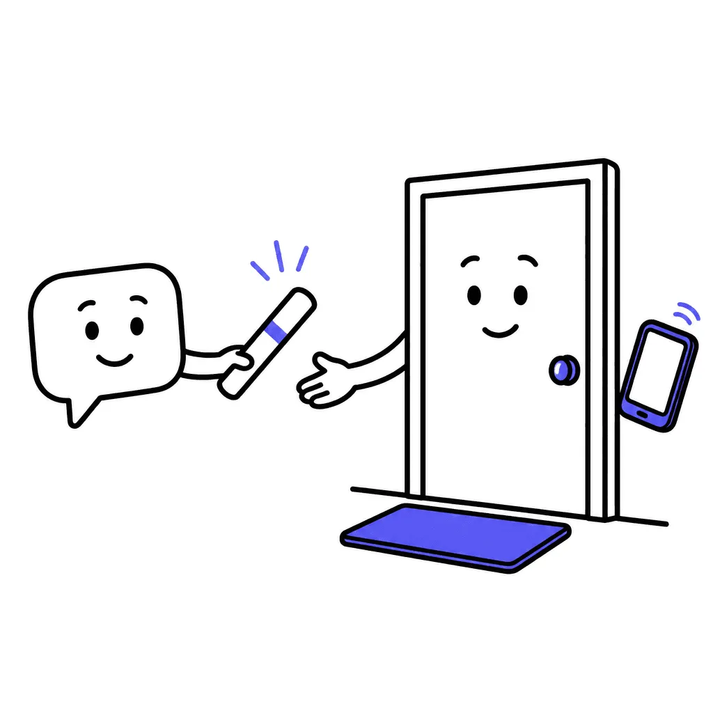 A speech bubble hands a relay baton toward a friendly door with a doormat, a phone handset floating as an option beside it.
