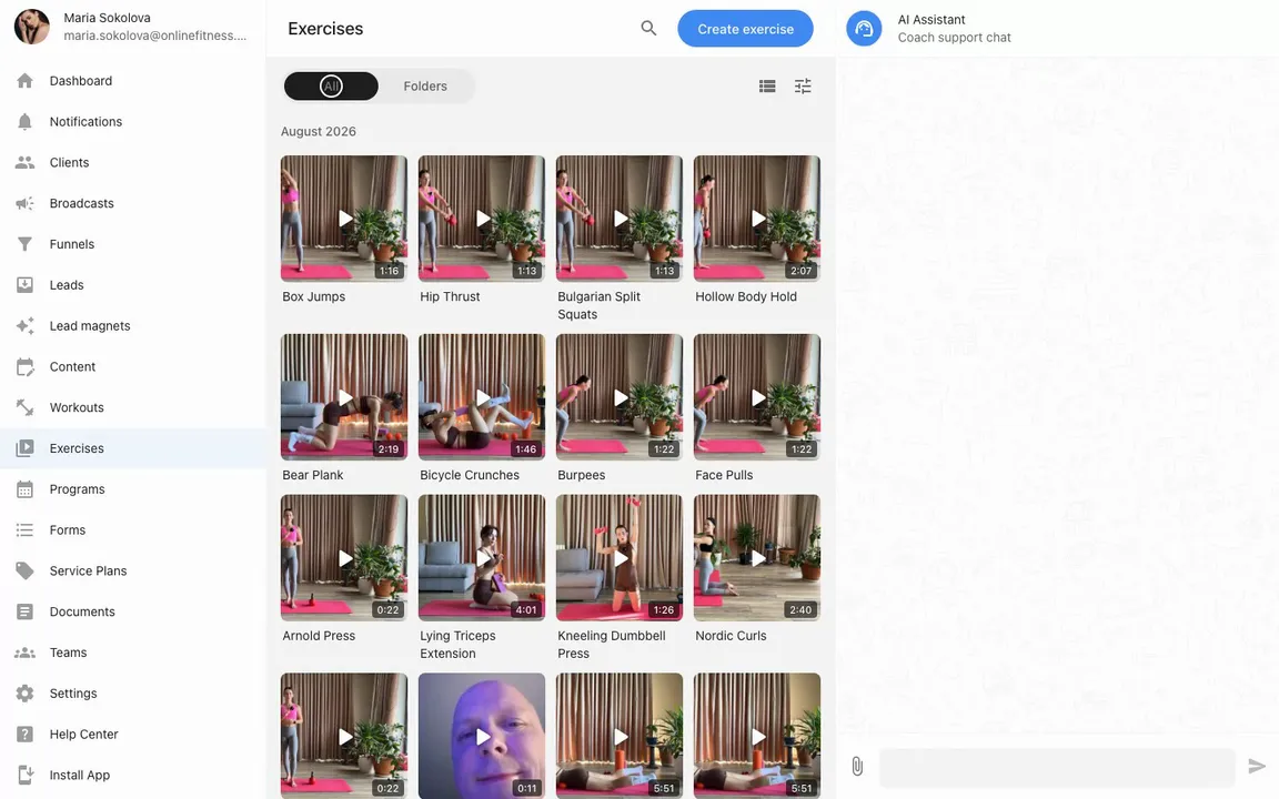 The exercise library: a grid of video cards with thumbnails, live search, an exercise card with video, and folder creation