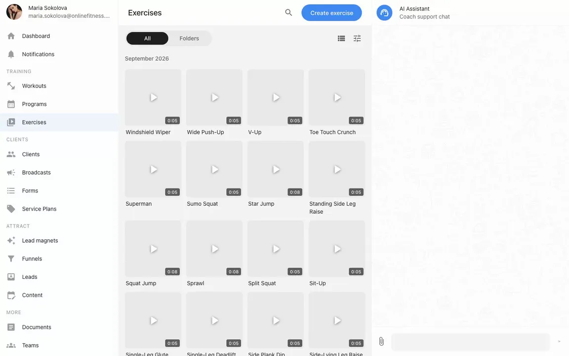The exercise library with folders, search and video thumbnails