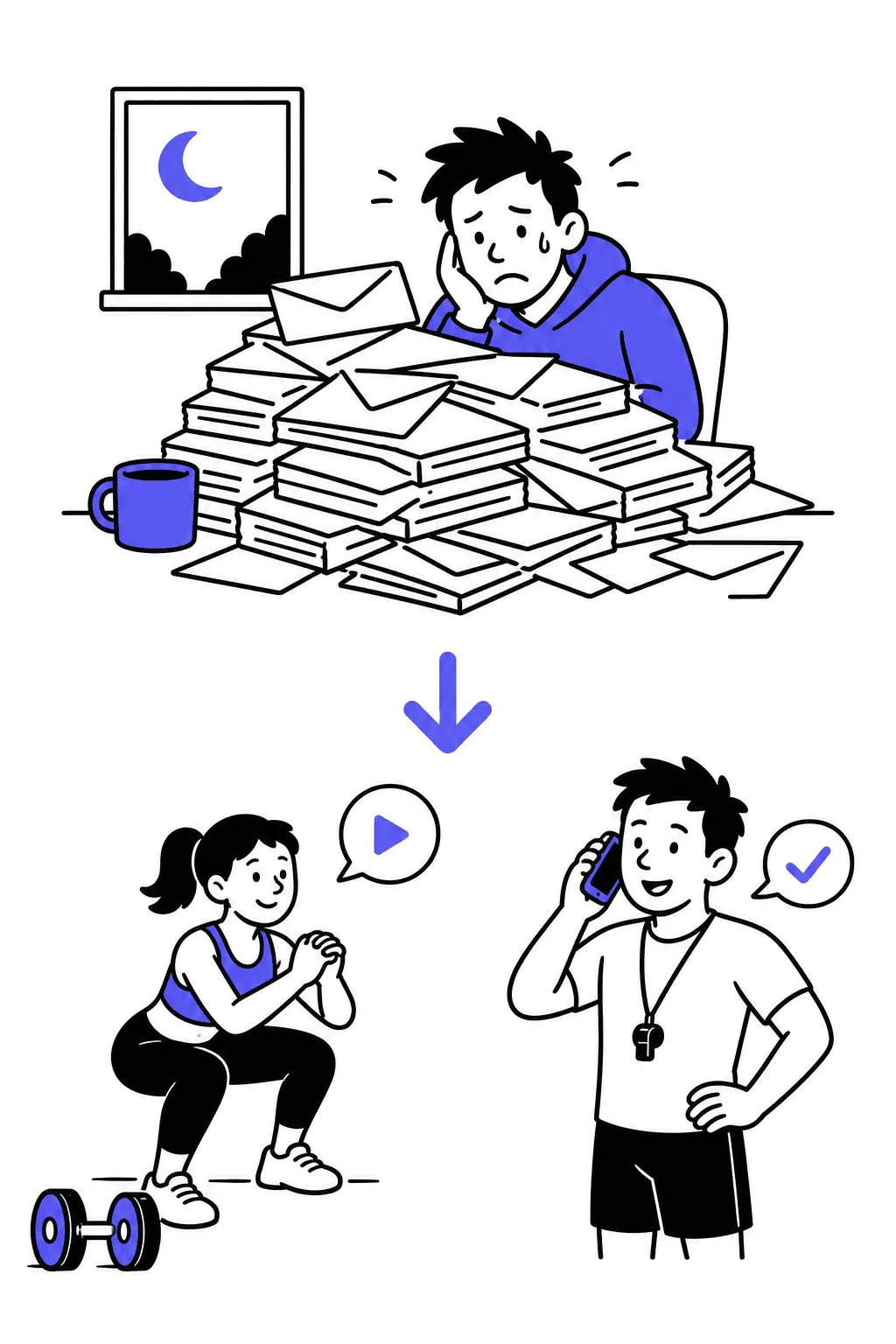 Top: Sunday night, a trainer buried behind a stack of report envelopes. Bottom: a weekday — a client squats, a video bubble floats to the trainer who answers with a checkmark from his phone.