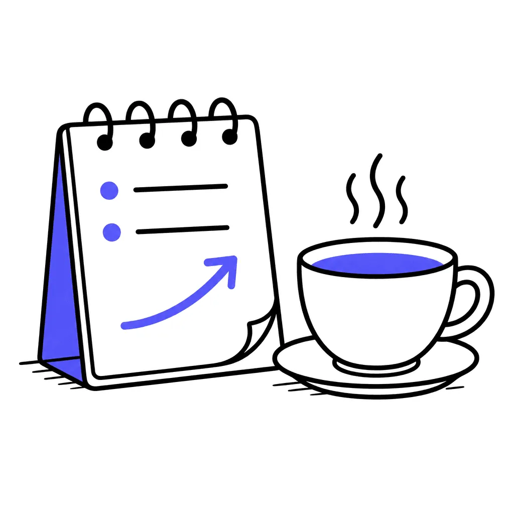A small tidy weekly summary note with two lines and an indigo upward arrow beside a calm cup of tea.
