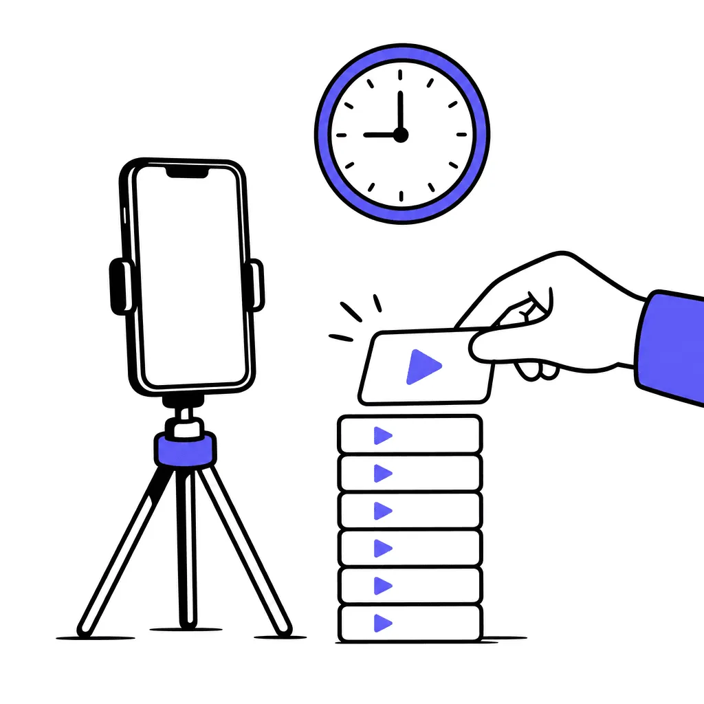 A phone on a tripod beside a growing stack of video cards; a clock shows morning.