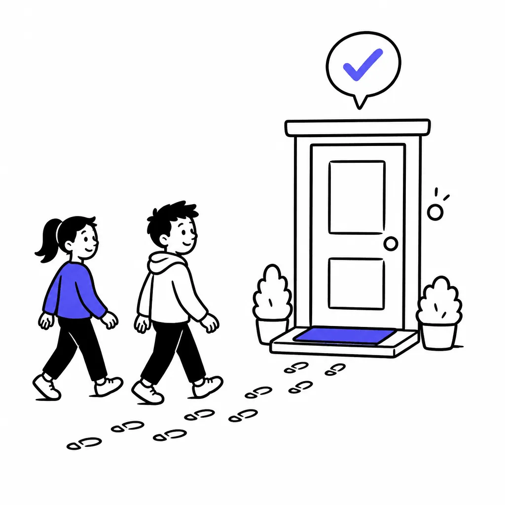 A small friendly front door with an indigo doormat and a bell; footprints lead to it and two small people approach.