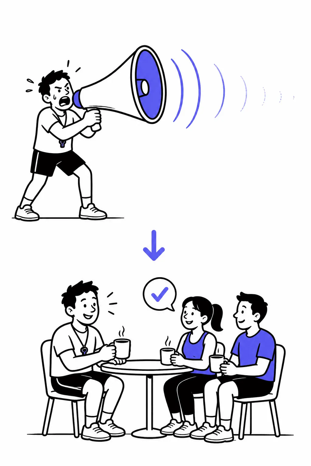 Top: a trainer shouts into a huge megaphone at an empty dark space. Bottom: the same trainer calmly has coffee with two people at a small table, a checkmark bubble above.
