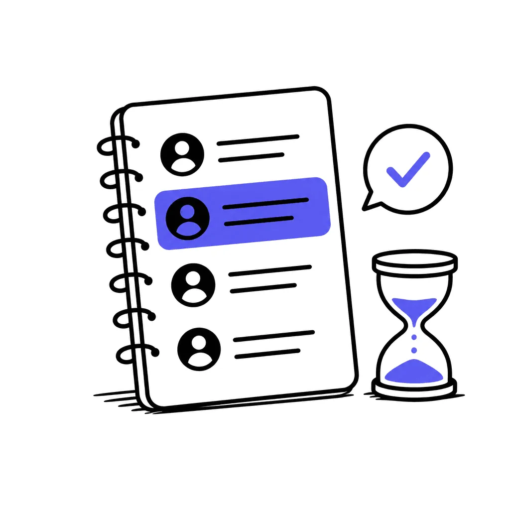 A tidy notebook queue with abstract name rows, one highlighted, beside an hourglass and a warm checkmark.