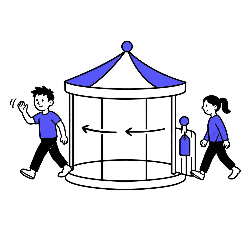A calm carousel wheel: one figure exits waving goodbye while another enters through an indigo-tagged gate.