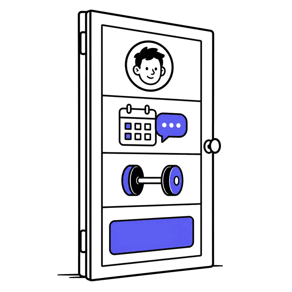 A door in cross-section with four stacked zones: a face badge, a rhythm picture, a dumbbell, and a wide indigo button.