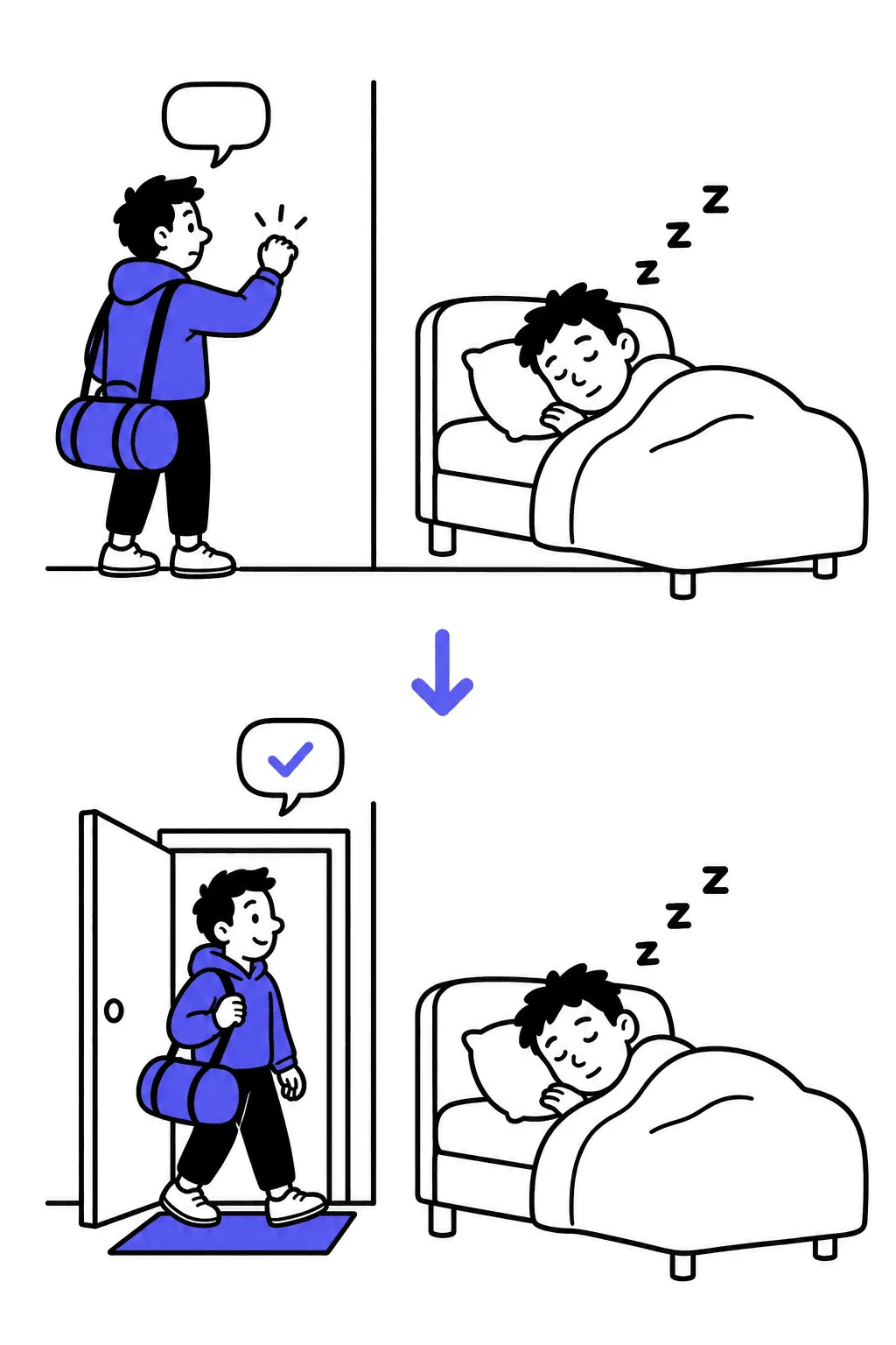Top: a visitor knocks on a blank wall while the trainer sleeps. Bottom: the wall now has a neat door with an indigo doormat; the visitor walks in while the trainer still sleeps.