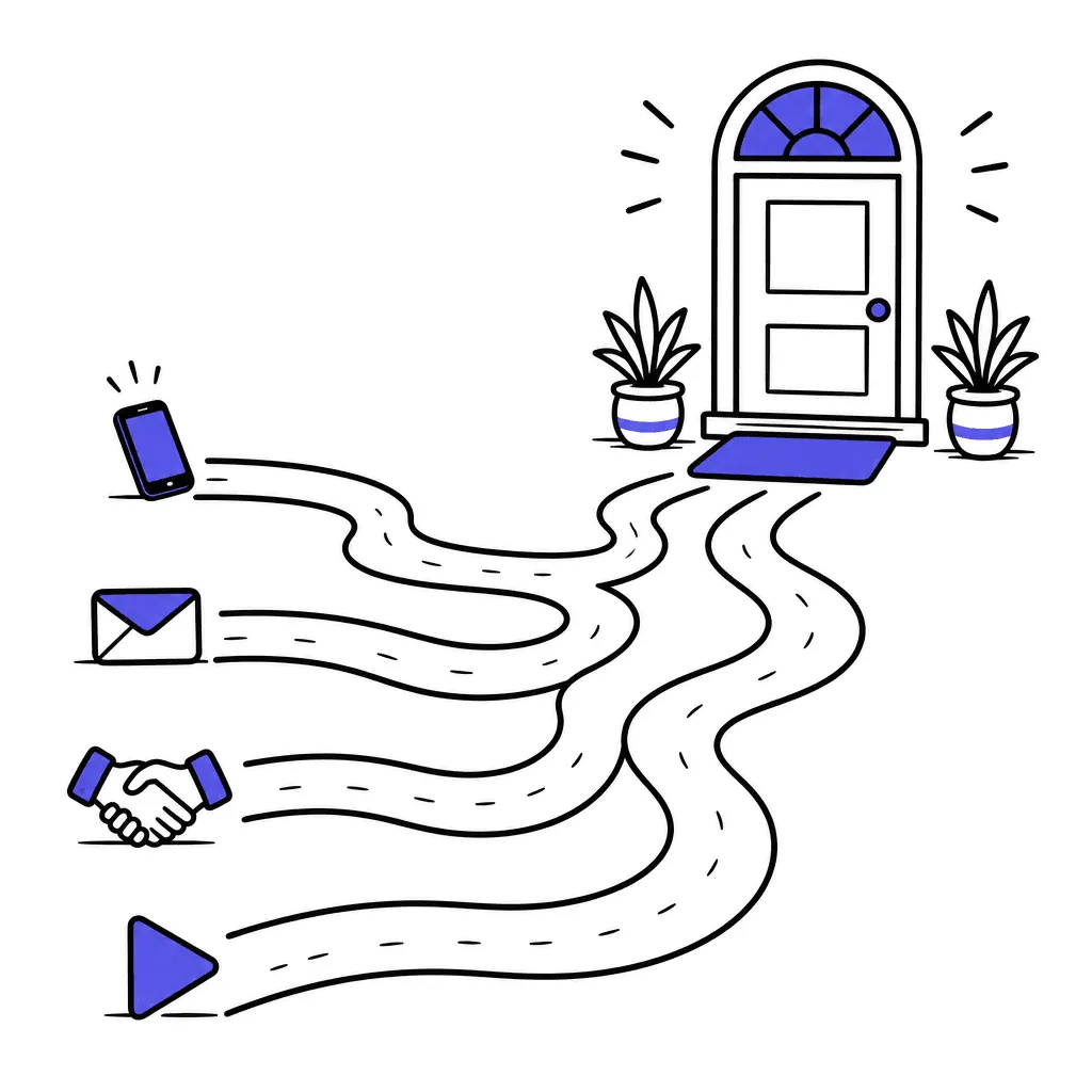 Several paths starting from a phone, an envelope, a handshake and a play button, all converging on one welcoming door.