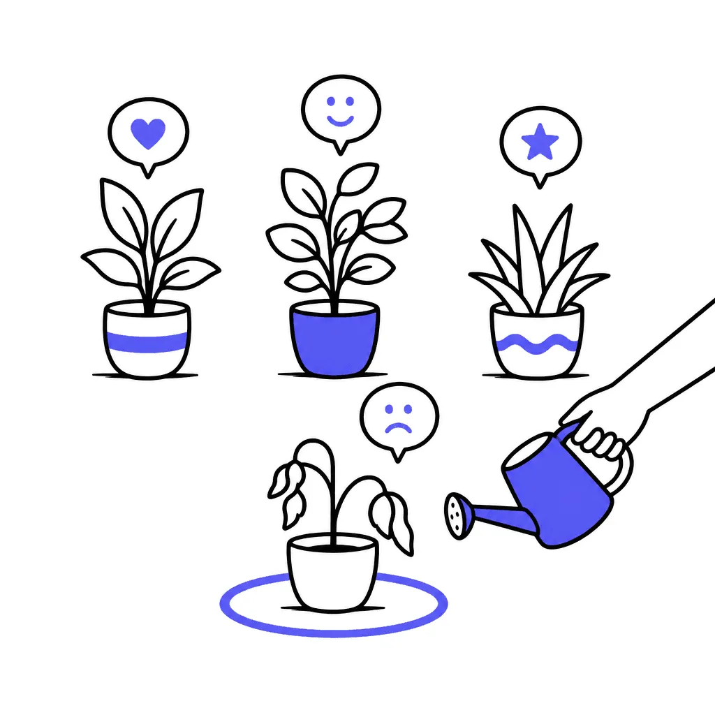 A dashboard drawn as a garden: healthy plant-clients and one drooping plant highlighted with an indigo ring, a watering can already reaching for it.