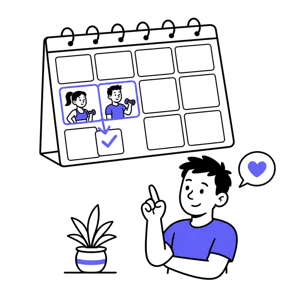 A calendar week where two workout cells merge into one smaller cell with a single indigo checkmark — and that's fine.