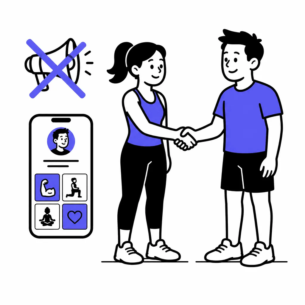 A warm handshake between two people as the hero of the scene; a modest phone profile beside it and a crossed-out megaphone above.