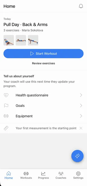 The client app home screen: today’s workout card with a Start Workout button