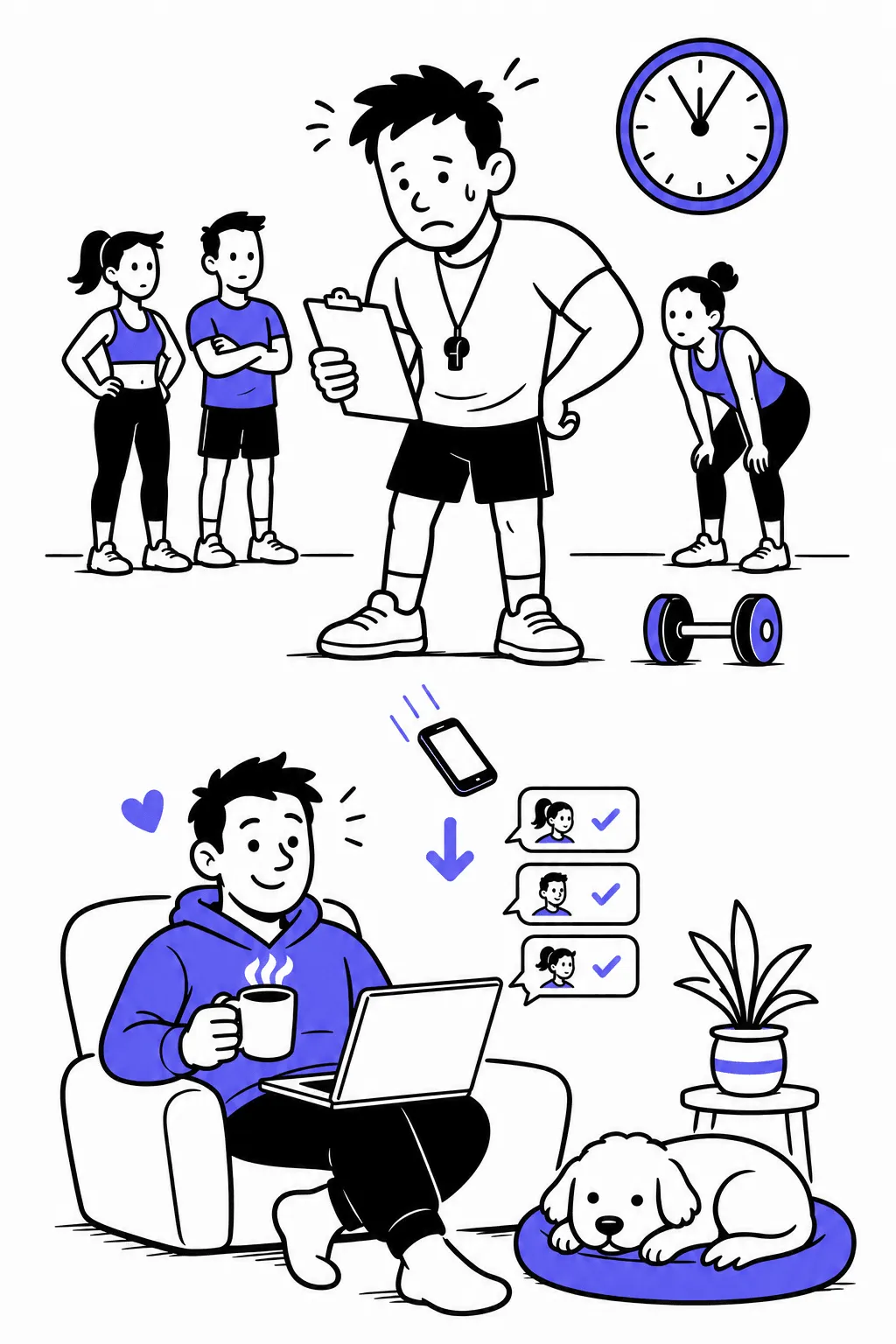 Top: a tired trainer at a night gym with a queue of clients. Bottom: the same trainer next morning at home, coaching through a laptop with a coffee.