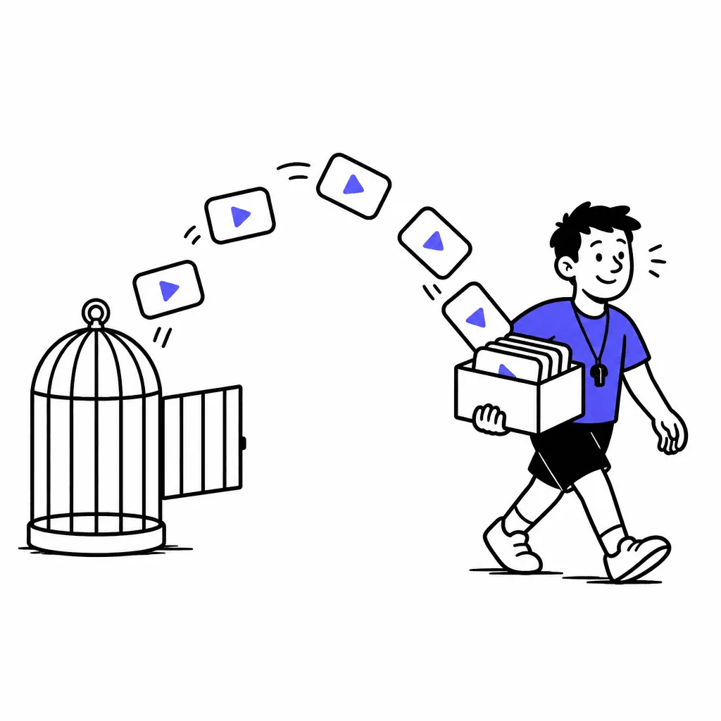 Video cards fly like birds out of an open birdcage and stack neatly into a small box carried by a happy trainer walking away.