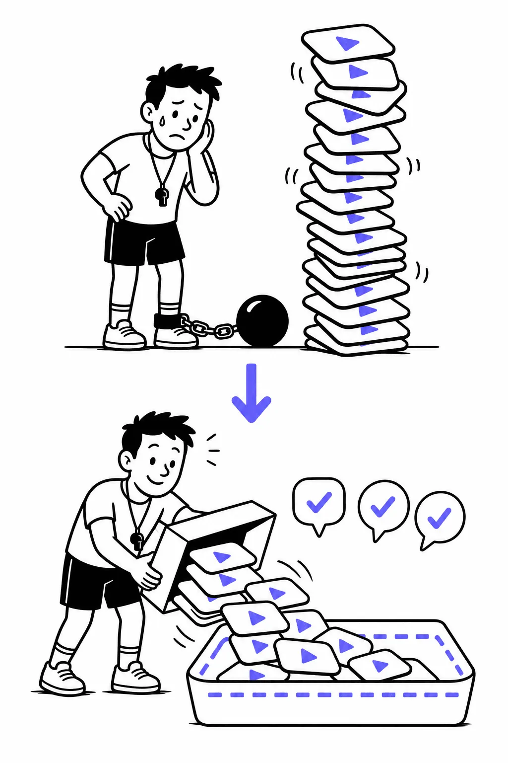 Top: a trainer chained by the ankle to a huge stack of video cards. Bottom: the same trainer happily tipping the whole stack into a wide drop-zone tray, checkmark bubbles above.
