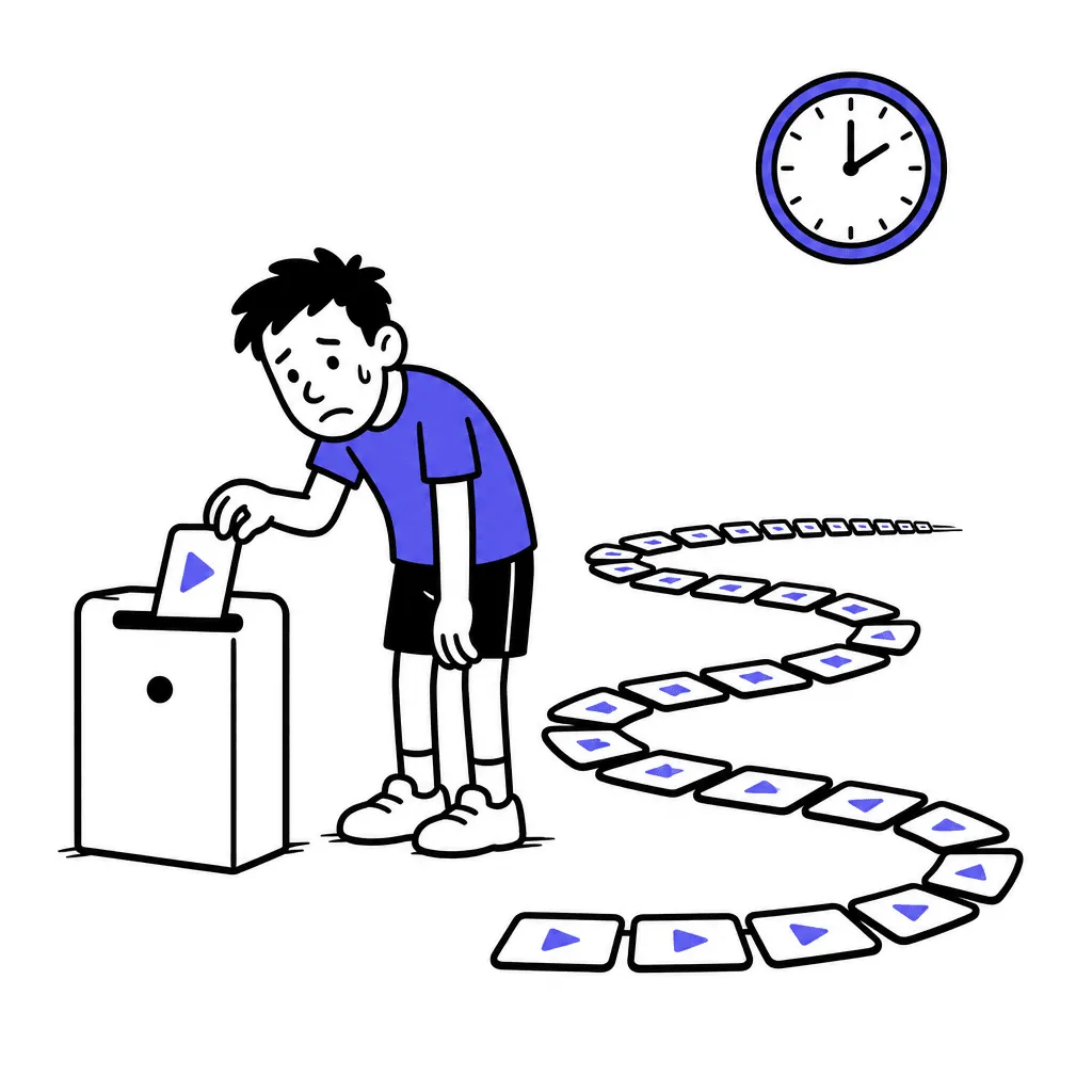 An exhausted trainer feeds a single video card into a narrow slot of a machine while a long winding queue of cards waits behind him under a wall clock.
