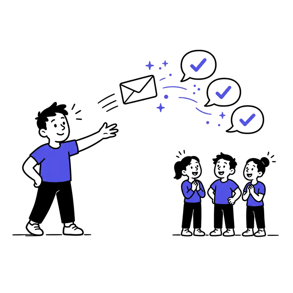 One envelope flying from a hand and becoming three checkmarked speech bubbles near three happy people.