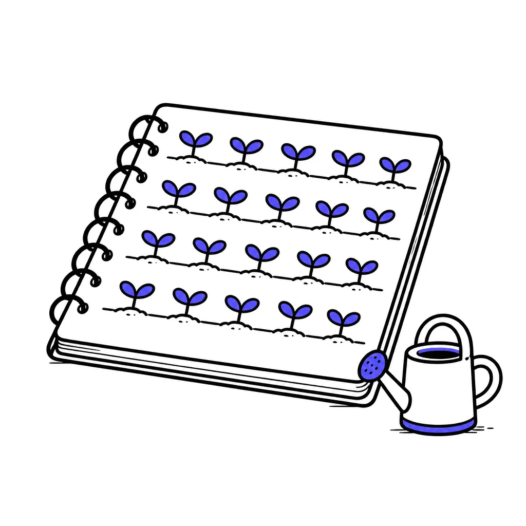 A notebook drawn as a garden bed where contact rows sprout small seedlings with indigo leaves.