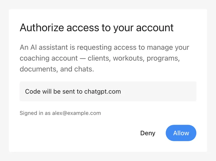 The OnlineFitness.app OAuth consent screen shown during ChatGPT's tool scan: “Authorize access to your account”, a note that the code will be sent to chatgpt.com, and Deny / Allow buttons