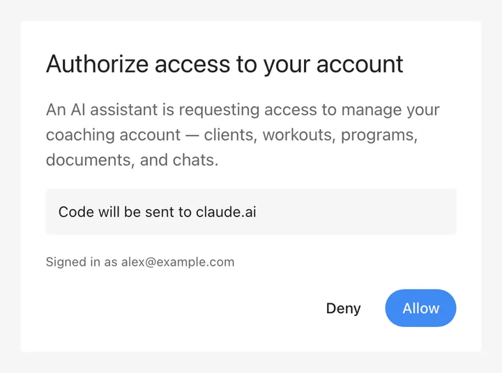 The OnlineFitness.app OAuth consent screen: “Authorize access to your account”, a note that the code will be sent to claude.ai, and Deny / Allow buttons